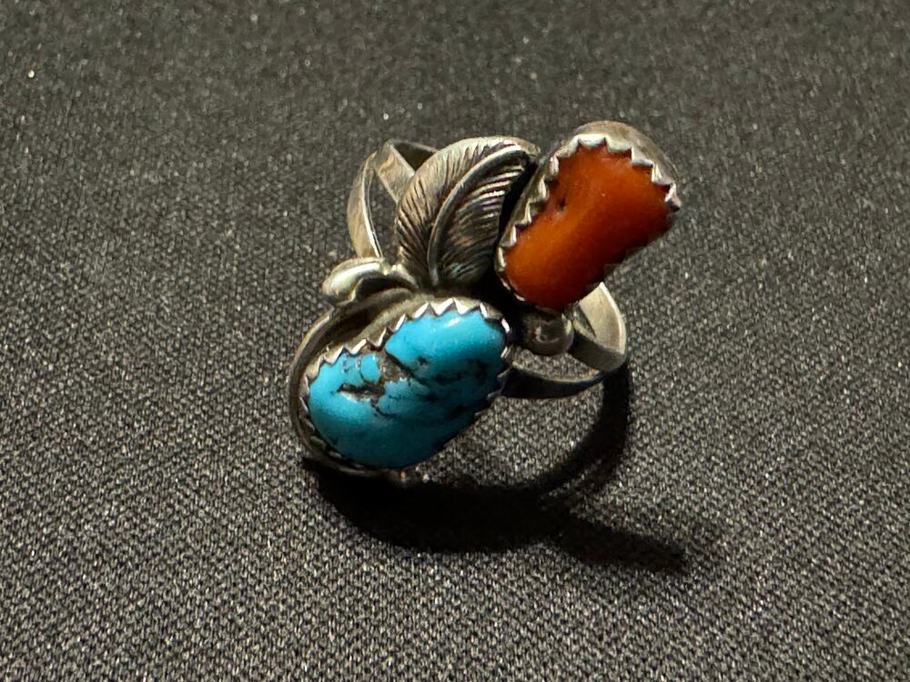 Sterling Tested Turquoise, Coral Native Ring Size 6